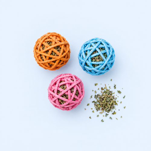 Three woven catnip ball cat toys