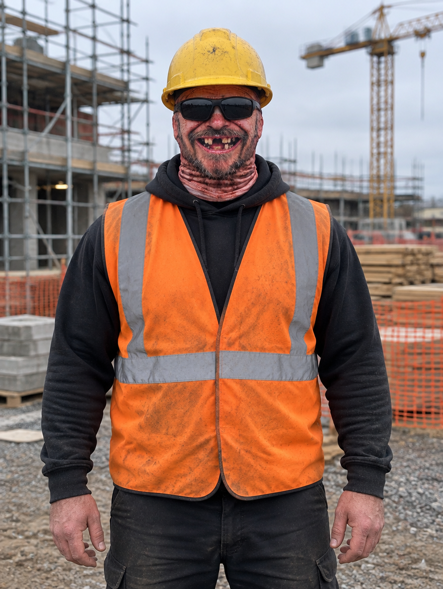 Construction worker wearing the Jobsite Ski Mask under a hard hat