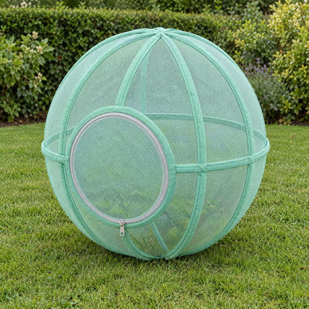Whisker Wheel cat exercise ball in Mint Green on a garden lawn