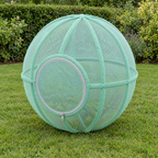 Whisker Wheel cat exercise ball in Mint Green on a garden lawn