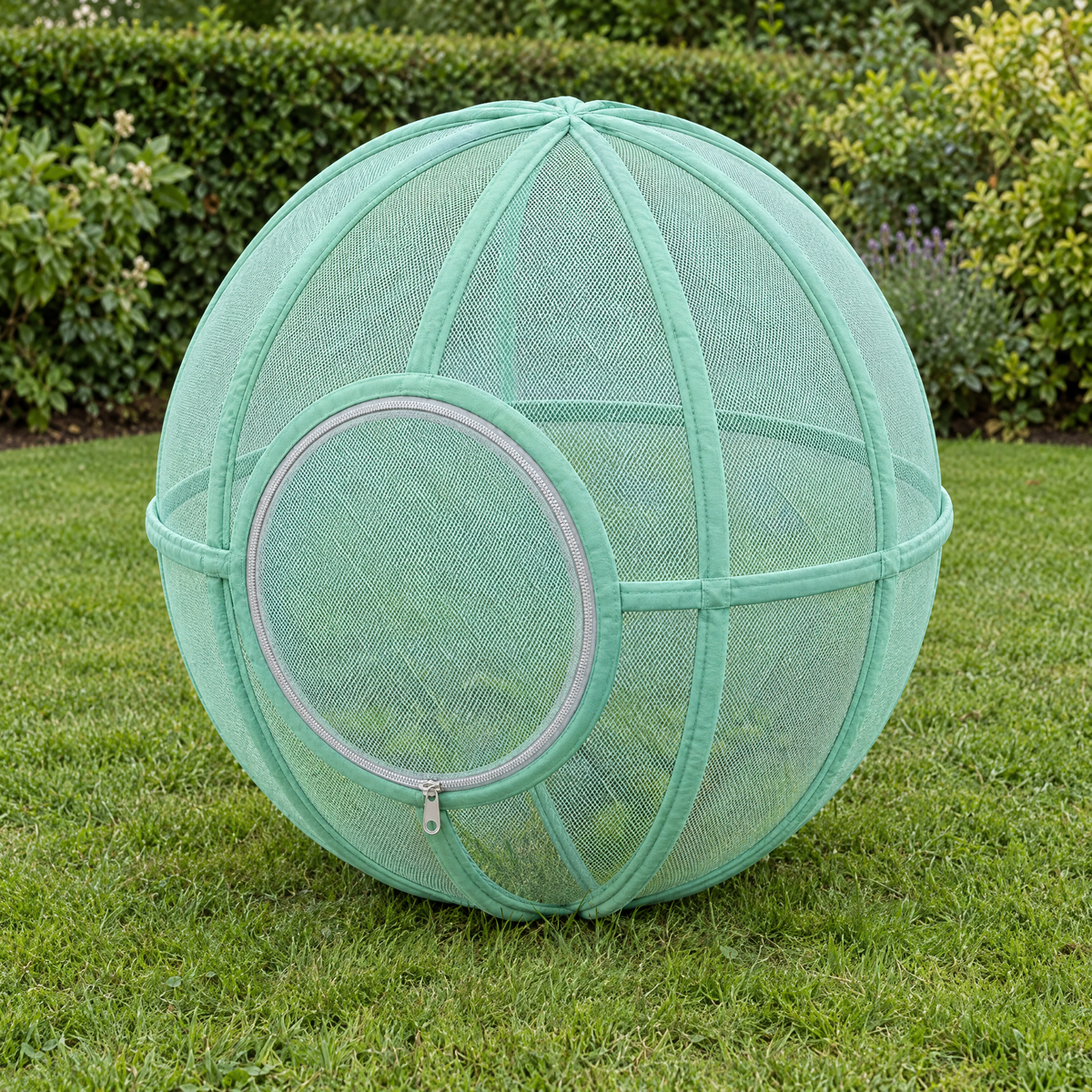 Whisker Wheel cat exercise ball in Mint Green on a garden lawn