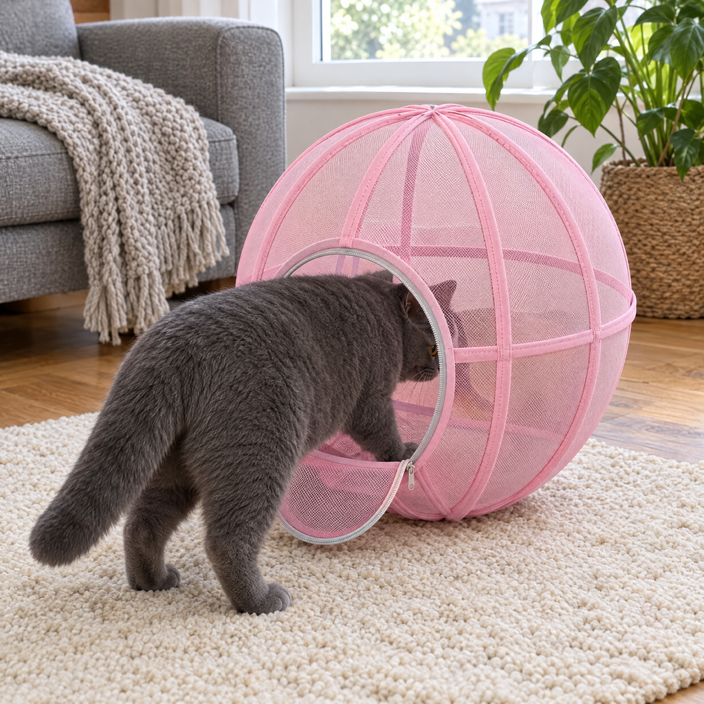Grey cat stepping into the Pink Whisker Wheel through the open zip door