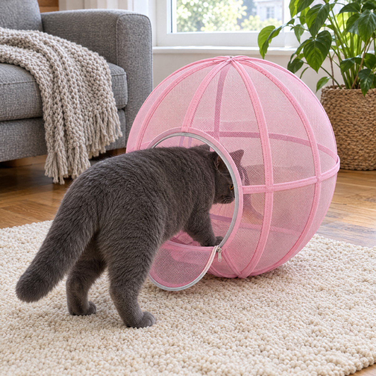 Grey cat stepping into the Pink Whisker Wheel through the open zip door