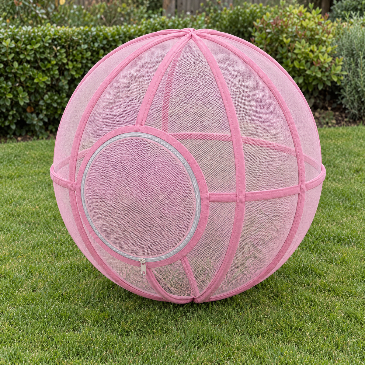 Whisker Wheel cat exercise ball in Pink on a garden lawn