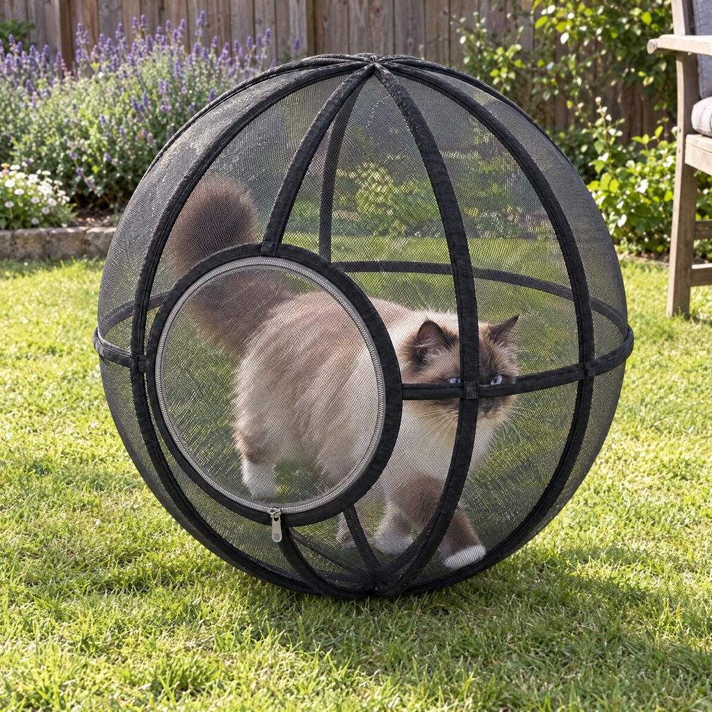 Ragdoll cat walking inside the Black Whisker Wheel on the lawn