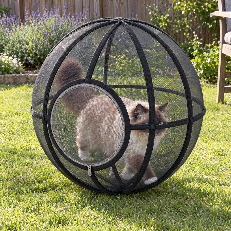 Ragdoll cat walking inside the Black Whisker Wheel on the lawn